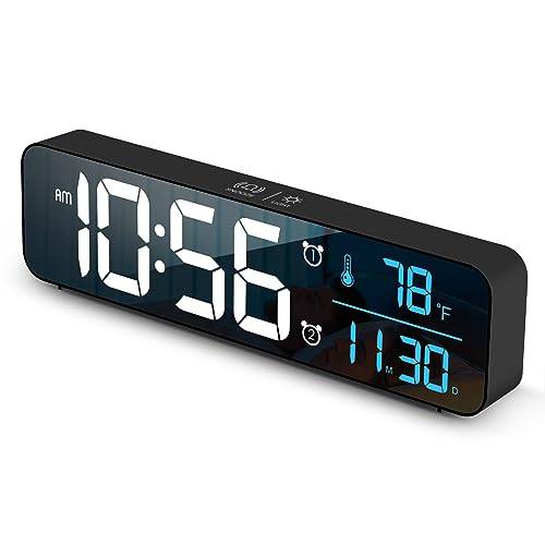 Digital klocka för sovrum, klockor för vardagsrumsdekor, skrivbordsklocka, väckarklocka, stor display med datum veckas temperatur, automatisk ljusstyrka, smart cool modern (svart blå)