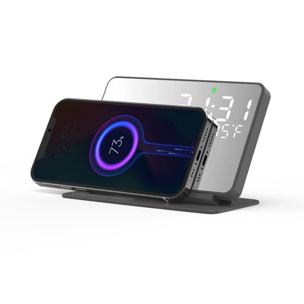 Spegel Digital Alarm Clock LED Stöd 15W Trådlös laddning av telefon Realtids temperatur