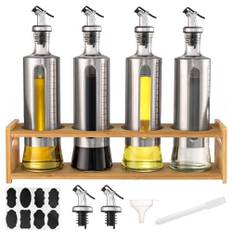 YBCPACK Vinäger och oljeflaskor set med bambustativ, 4 x 500 ml oljedispenser, tomt glas för fyllning, olivolja flaska med hällare, tratt, etiketter och penna för olivolja, olja och vinäger dispenser