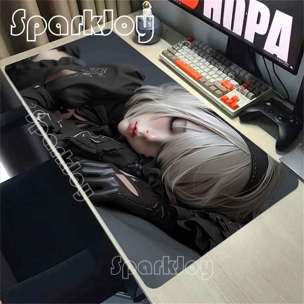 Anime Nier Automata 2B Musmatta XXL Utökad Spelbordmatta Kawaii Sexig Tjej Laptop Tangentbordsmatta Svart Vit Stor PC-matta