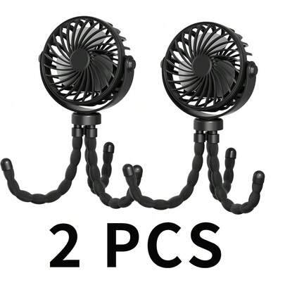 2 st Octopus barnvagnsfläkt, USB-laddningsbar bärbar tyst fläkt, mini handhållen hopfällbar resefläkt med LED-nattlampa, justerbar i 3 hastigheter, lä - Svart 2 stycken (17 x 10,5 x 4,5 cm)