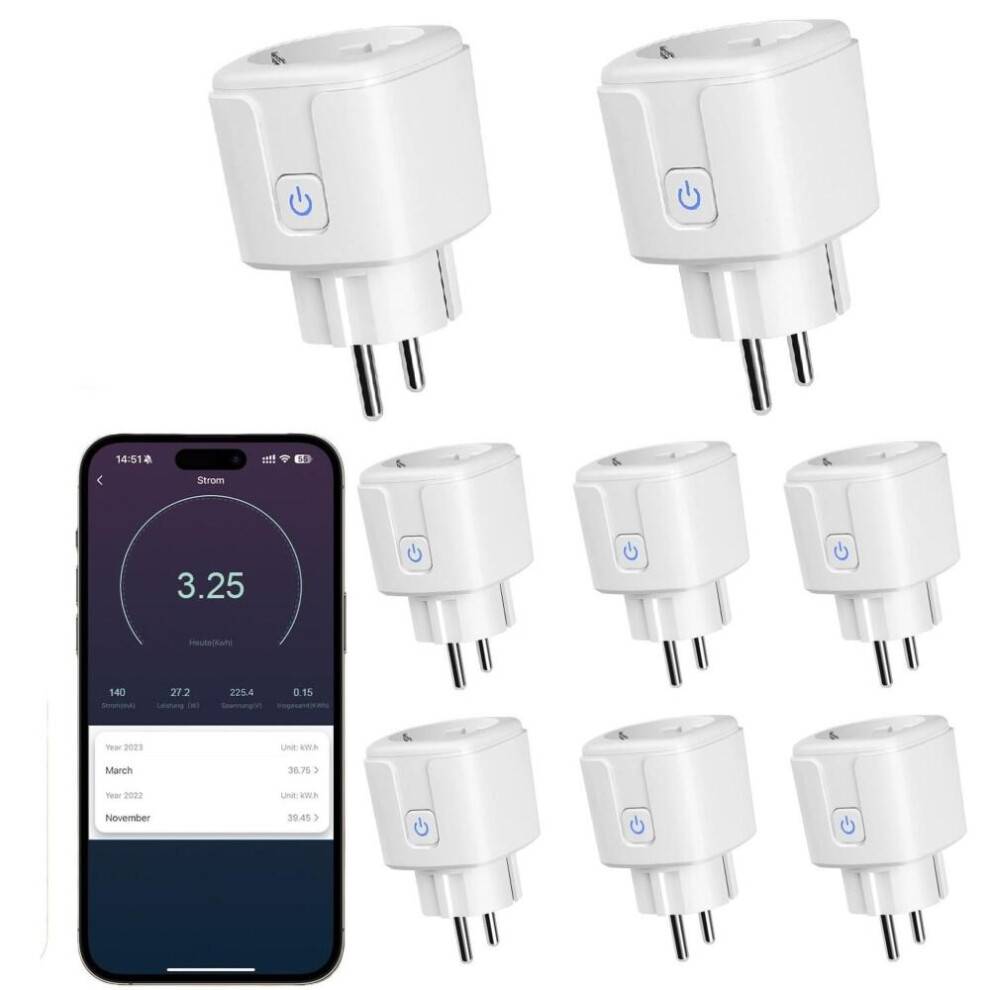 8-vejs 16A smart stikkontakt med app-styring, WiFi-stikkontakt, smart stik, kompatibel med EU-stikkontakter, timer, kompatibel med