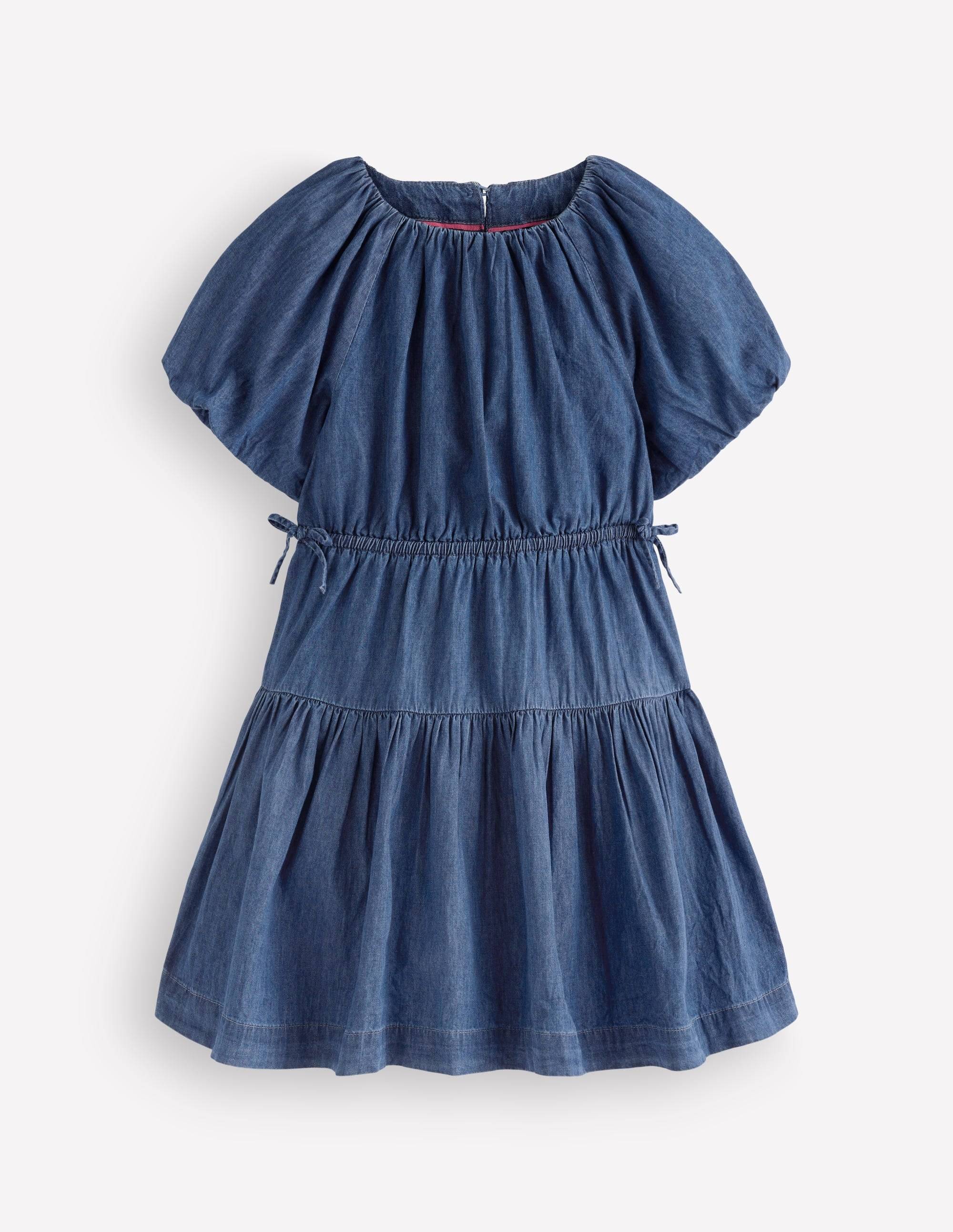 Boden Girls Bow Waist Woven Dress in Blue | Size 12-13 Years