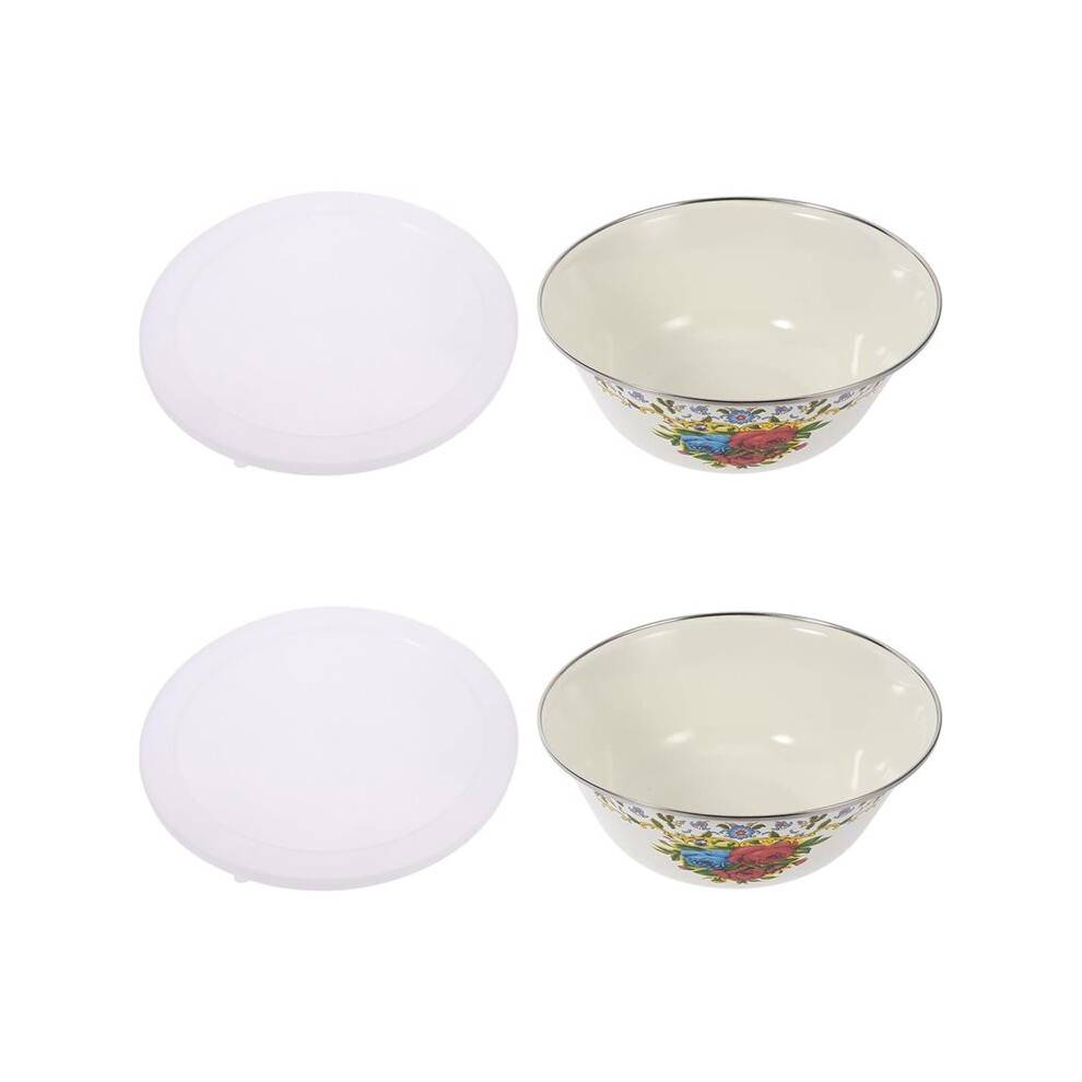 2pcs Vintage Enamel Bowl Set with Lid 20cm Retro Small Soup and Noodle Bowl Light Yellow Enamel Food Container