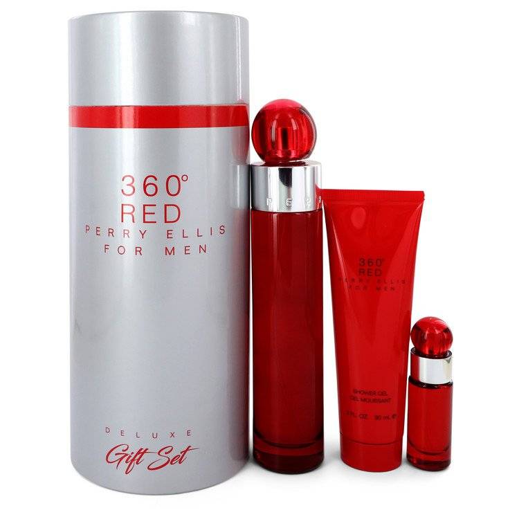 Coffret cadeau Perry Ellis 360 Red - Eau de toilette vaporisateur 3.4 oz + mini vaporisateur EDT 0.25 oz + gel douche 3 oz dans une boîte tube pour homme