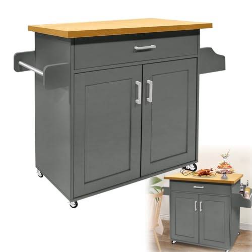 HENGMEI Köksvagn, köksö, köksvagn med hjul, 1 låda, 2 nivåer skåp, med handdukshållare serveringsvagn, för kök, utomhusbröllop, hotell, 115 x 36 x 90 cm (grå)