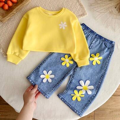 2-delat set för babyflicka, söt gul långärmad sweatshirt och långbyxor med elastisk midja, höst/vinter - Multifärgad (6-9M,9-12M,12-18M,18-24M,2-3Y,3-6M)