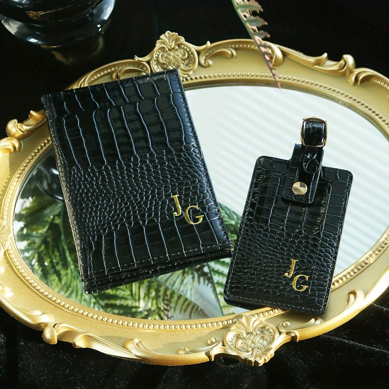 TEMU Personalized Initial Letter Passport Holder With Luggage Tag Set Customized Golden And Silvery Letter Crocodile Passport Cover Customize Luxurious Chic Card Holder Set Gift For Lover And Friend