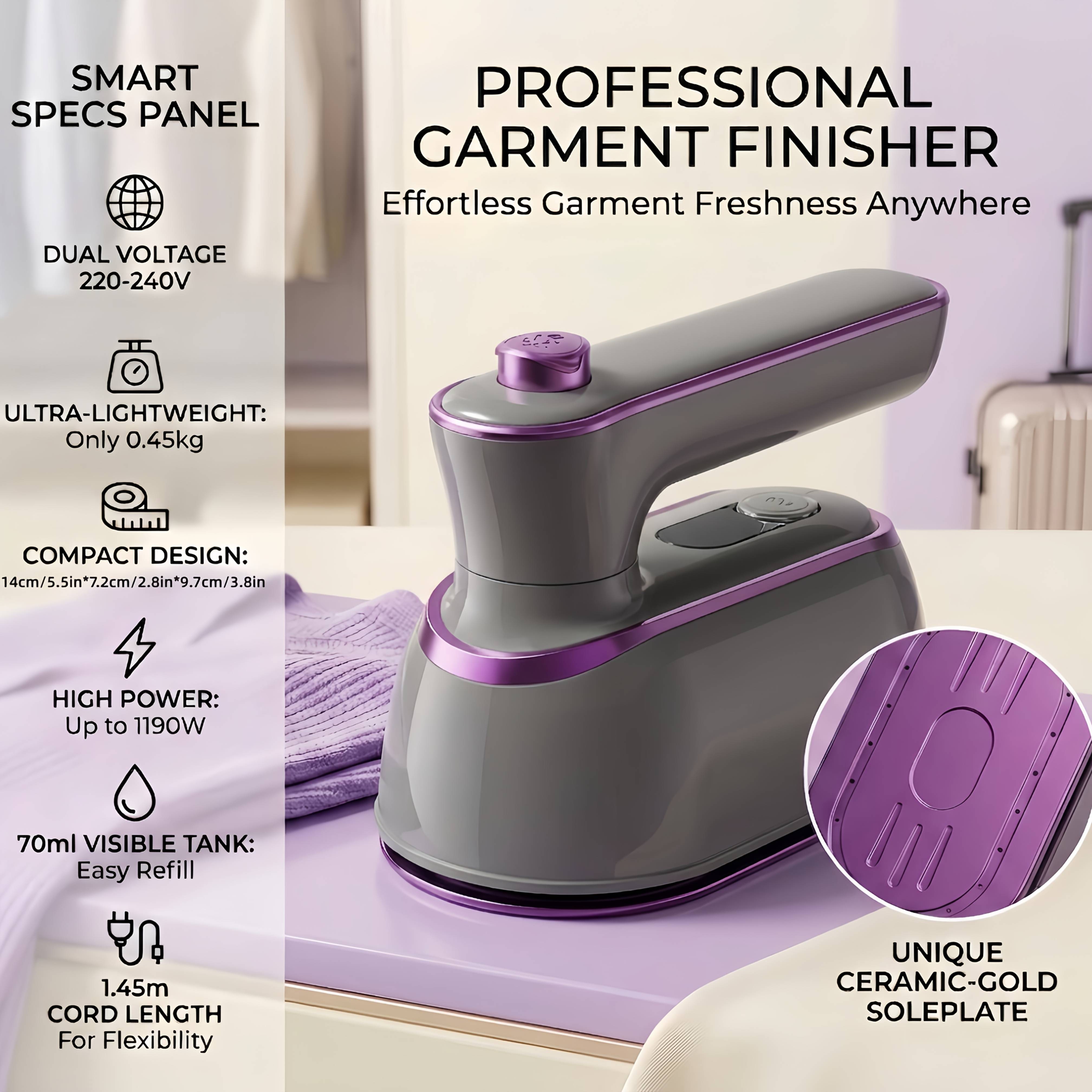 1190w High Garment Steamer 0.45kg Ultra-lightweight Portable Travel Iron With 60ml Tank Professional Clothes Finisher