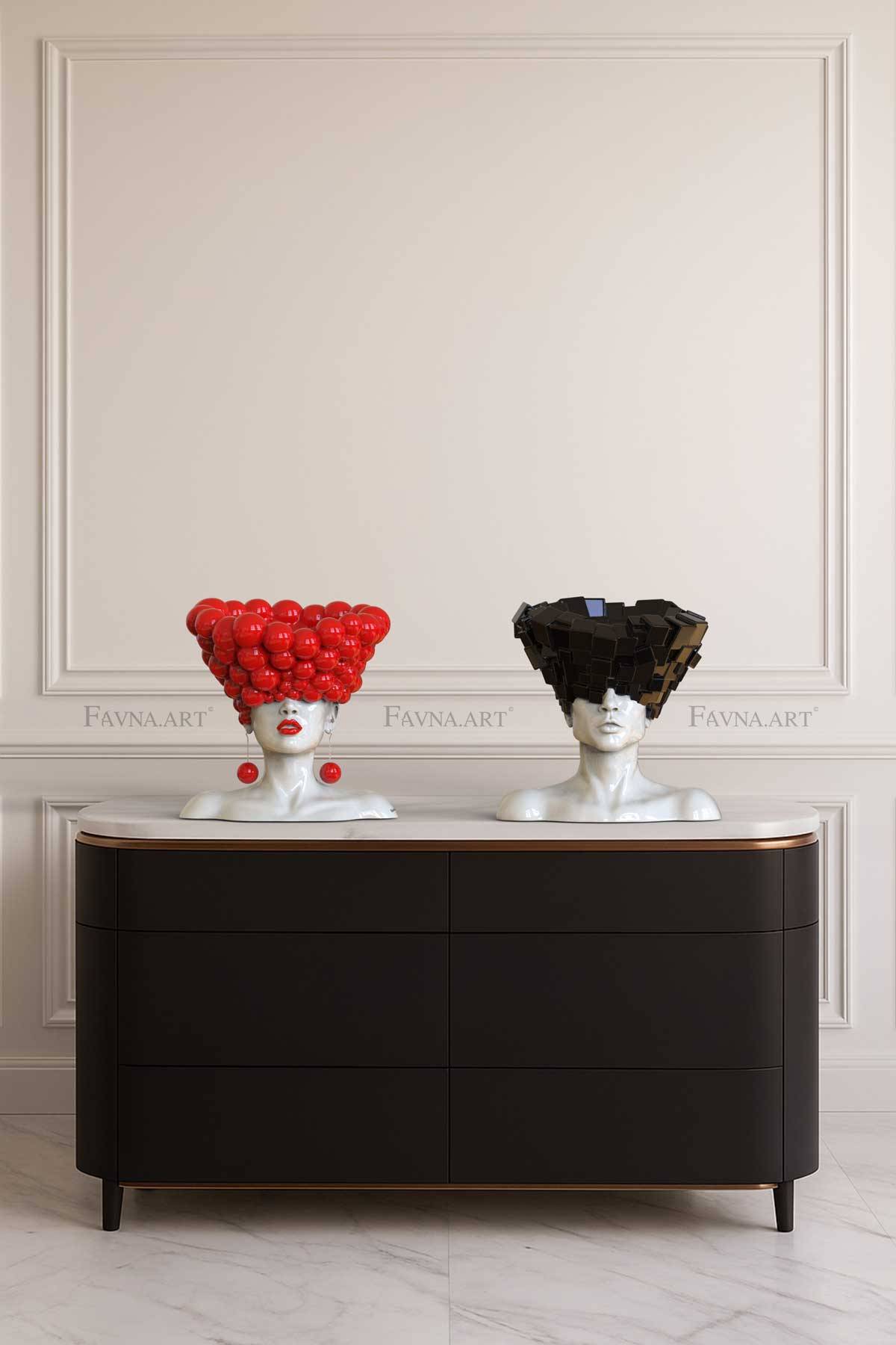 Art Composition — man and woman conceptual sculpture set “Thoughts” | Abstract art | red - Female — red + Male — black & white