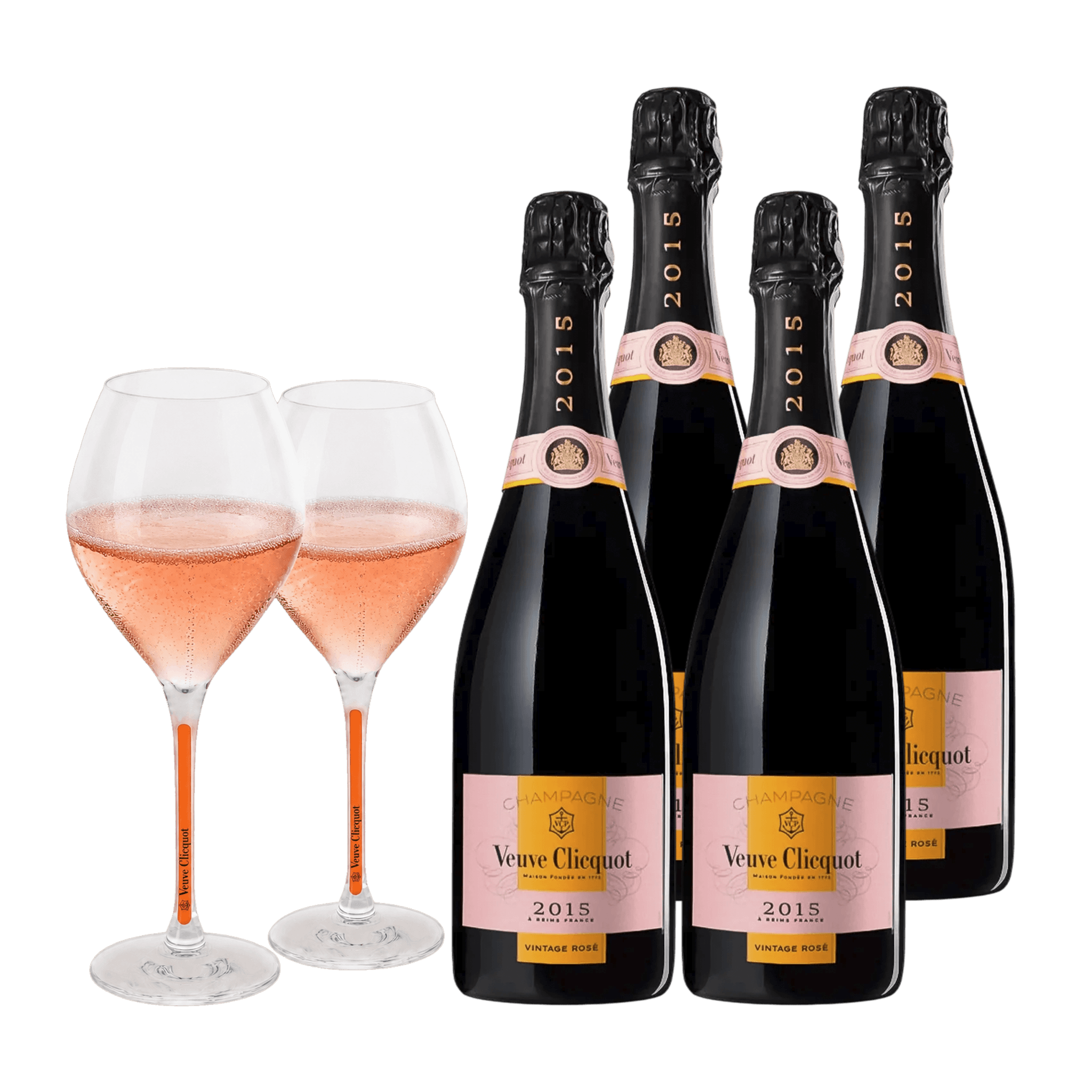 Champagne Veuve Clicquot Vintage 2015 Rosé 75 cl. (4 stk. + 2 Veuve Clicquot glas)