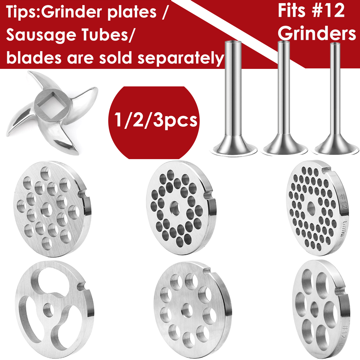 Meat Grinder Plates Type 12, #12 Stainless Steel Grinder Plate Disc, Blade, Sausage Stuffing Tubes, Replacement of Accessories