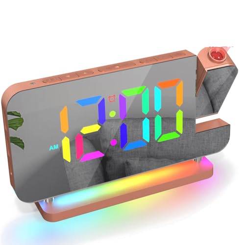 ThreeH RGB väckarklocka digital projektion väckarklocka med regnbåge nattlampa USB &C laddningsportar volymjusterbar LED spegelklocka för sovrum ros