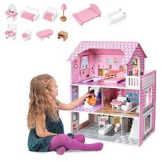 Froadp Trädockahus för barn Dockhusset Rosa 3 våningar dockskåp med möbler & tillbehör Dockvilla DIY Movable House Drömvilla, för flickor och pojkar