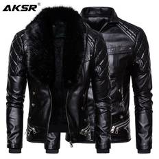 Biker-läderjacka herr Pälskrage Avtagbar Motocykeljackor i konstläder Kappor Casual PU-jacka Chaqueta Moto Hombre XXXL svart