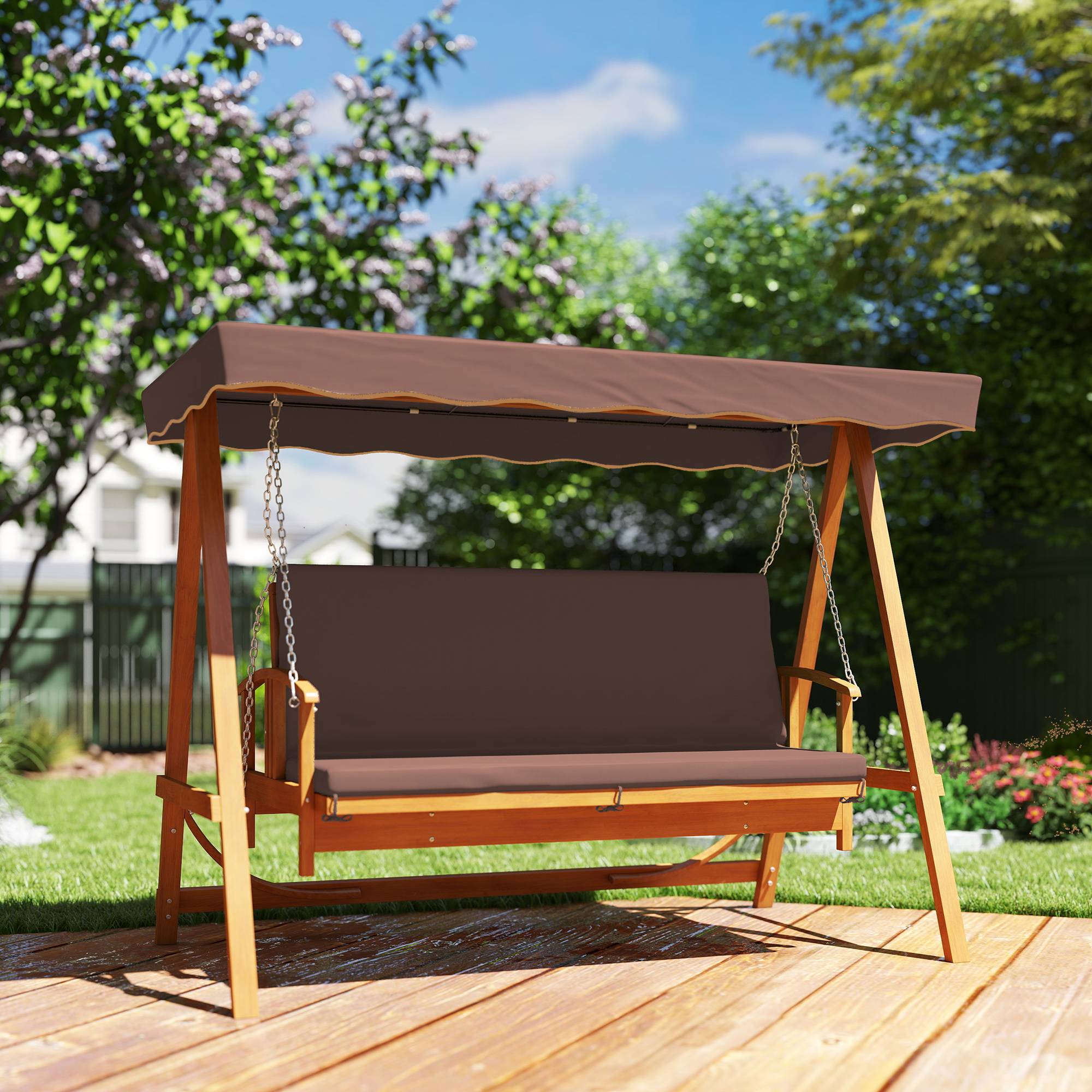 2-i-1 verandagynge med lænefunktion, 3-personers trægynge til haven, trægynge med soltag og siddehynde, gyngebænk op til 330 kg, til have, terrasse, 236 x 130 x 181 cm, brun.
