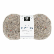 Dale Multi Popkorn 508 Beige Indhold: 31% polyester, 24% uld, 24% akryl, 12% mohair & 9% nylon Vægt/længde: 50 gram = ca. 135 meter Anbefalede pinde: 4.00-6.00 mm Strikkefasthed: 10 cm = 18-14 m Kan maskinvaskes - Uldvask 30 °C / Brug ikke skyllemiddel / Tørres fladt.