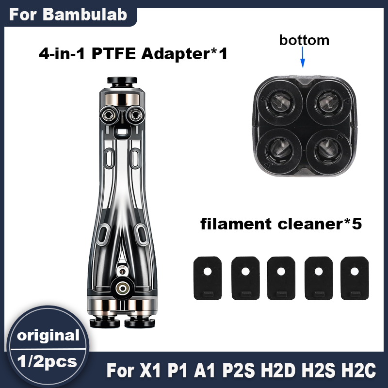 Original 4 in 1 PTFE Adapter for Bambu Lab H2C/H2D/H2S/P1S/P1P/P2S/X1C/A1/A1MINI 3D Printer,  Multi-Filament Compatibility