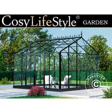 Orangeri, drivhus Glas 13,8m², 3,73x3,71x3,16m m/sokkel og tagudsmykning, Sort