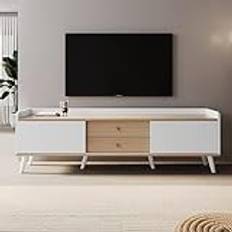 HAINEW TV-skåp med två lådor och två skjutdörrar, 160 × 40 × 58 cm, modern TV-bänk TV-skåp TV-bord för vardagsrum, matsal (vit och naturlig träfärg), HNDEWF303118119