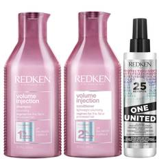 Redken Volume Injection Shampoo, Conditioner and One United Treatment Spray Routine for Fine/Flat Hair