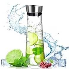 POWZOO Glaskaraff, vattenkaraff glas (1,5 liter), glaskaraff med lock av rostfritt stål och hällare, juice dryckeskaraff, karaff av glas för hemlagad, dryck/iste/mjölk/kaffe/vin