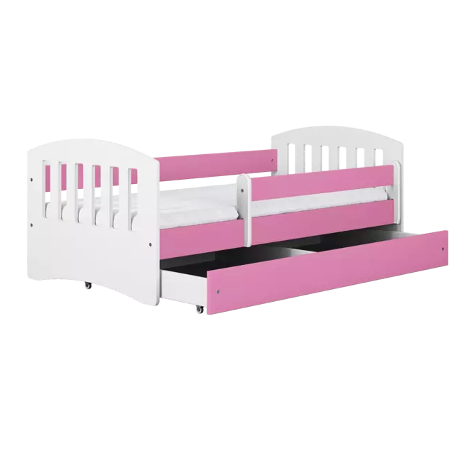 Barnsäng med madrass och låda 80x160 vit/ rosa CLASSIC