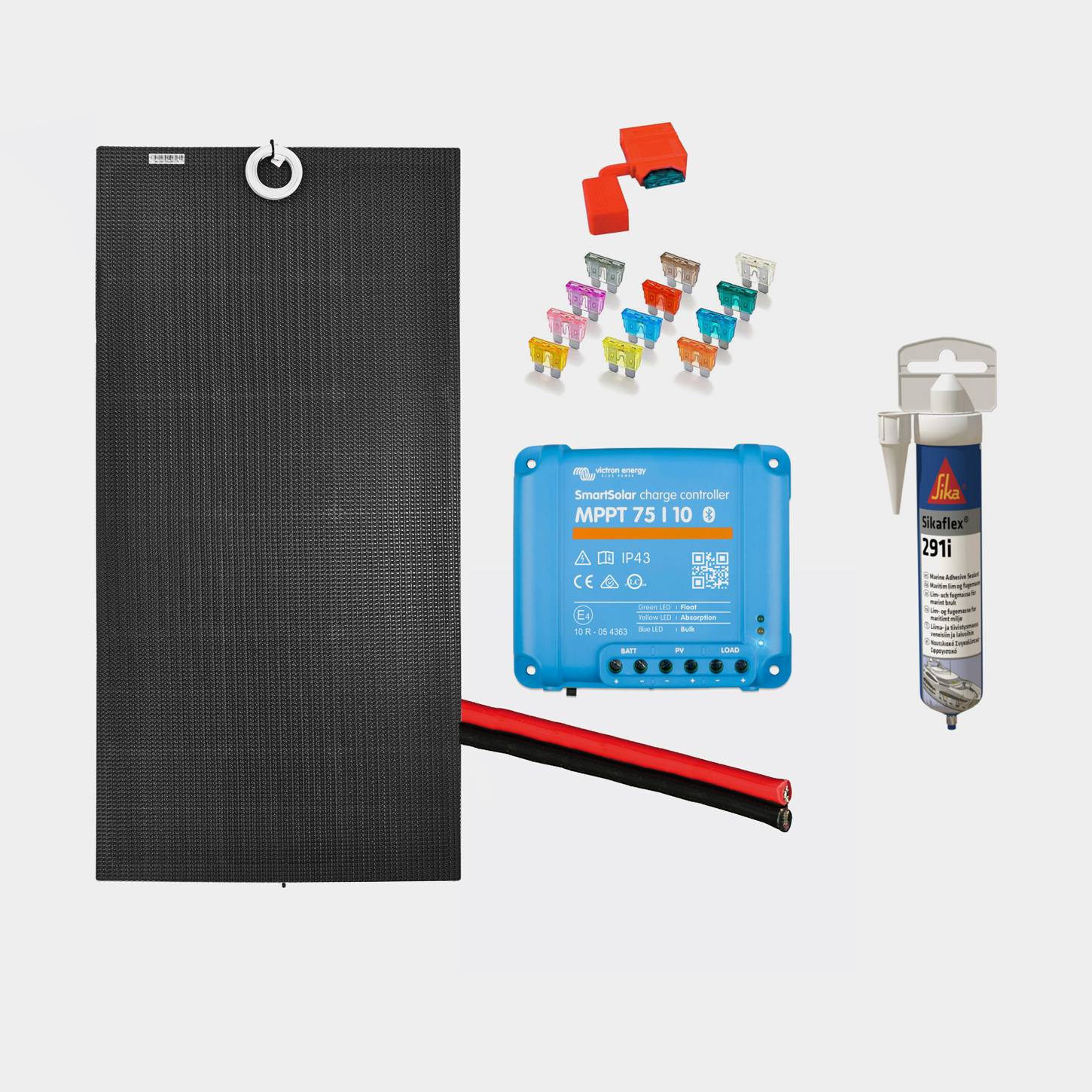 Solcellspaket för fast installation Juni Solar Flush Mounted Cable Black Edition, 100 W, monokristallin, flexibel, 12 V, 1040 x 520 x 3 mm, med MPPT-regulator (10 amp) + kablar + säkringshållare & säkring + lim