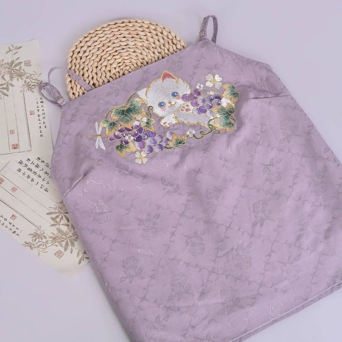 Hanfu Embroidered Sling Top | Cat Print Camisole Vest | National Style Daily Wear - Grape cat sling (now pre-sale pure cotton lining) / XL