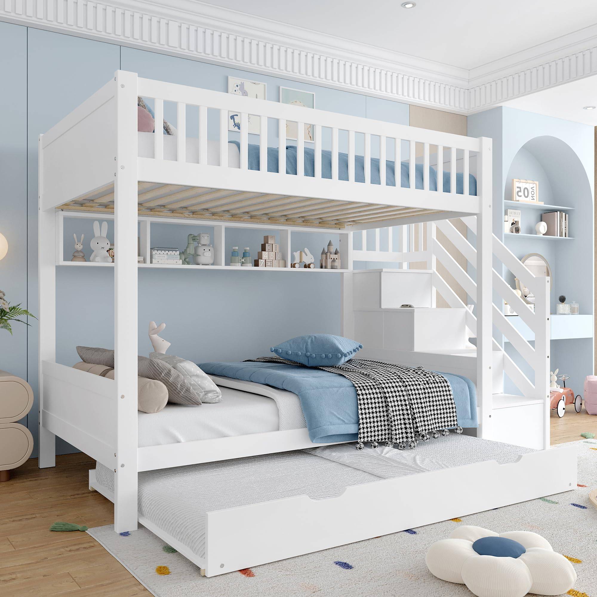 Etagenbett Kinder 90x200, Hochbett Ausziehbett, Kleiderschrank, Ablageleiter, Regal, Lattenrost, Kiefernholz, Weiß (ohne Matratze) 90x200 cm