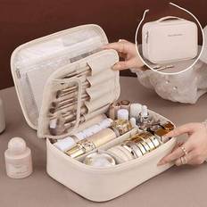 1pc Large Capacity Partition Storage Makeup Bag Travel Portable Toiletry Bag Cosmetics Storage Bag, Multi-Layer Detachable Makeup Bag, Unisex Skin Car - White