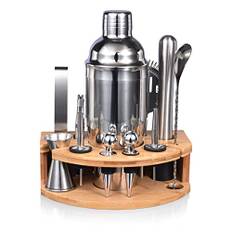 Quilamix 12-delat cocktailshakerset med bambustativ, 750 ml rostfritt stål bartender set för blandade drycker, present till vänner, män, kvinnor, med recepthäfte