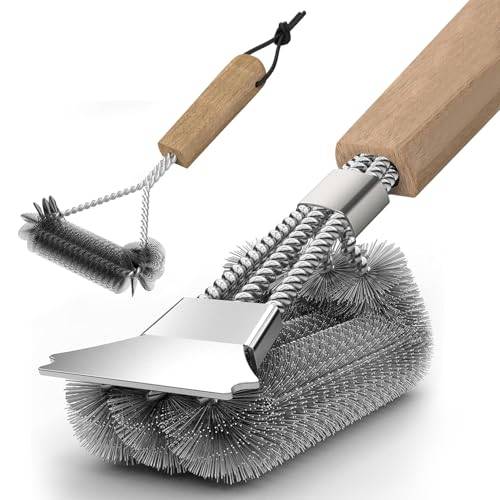 Grillbürste (2 Stück), HAZENS Grill Reinigungsbürste mit Holzgriff, 39cm Grillbürste mit Edelstahl Schaber, dichte Edelstahlborsten, Dreieckig 360° Grill Drahtbürste Grillzubehör