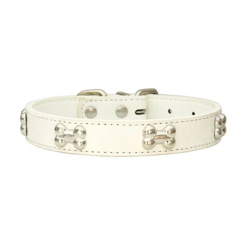 Durable Leather Dog Collar with Bone Design for Small to Large Dogs - WHITE / L
