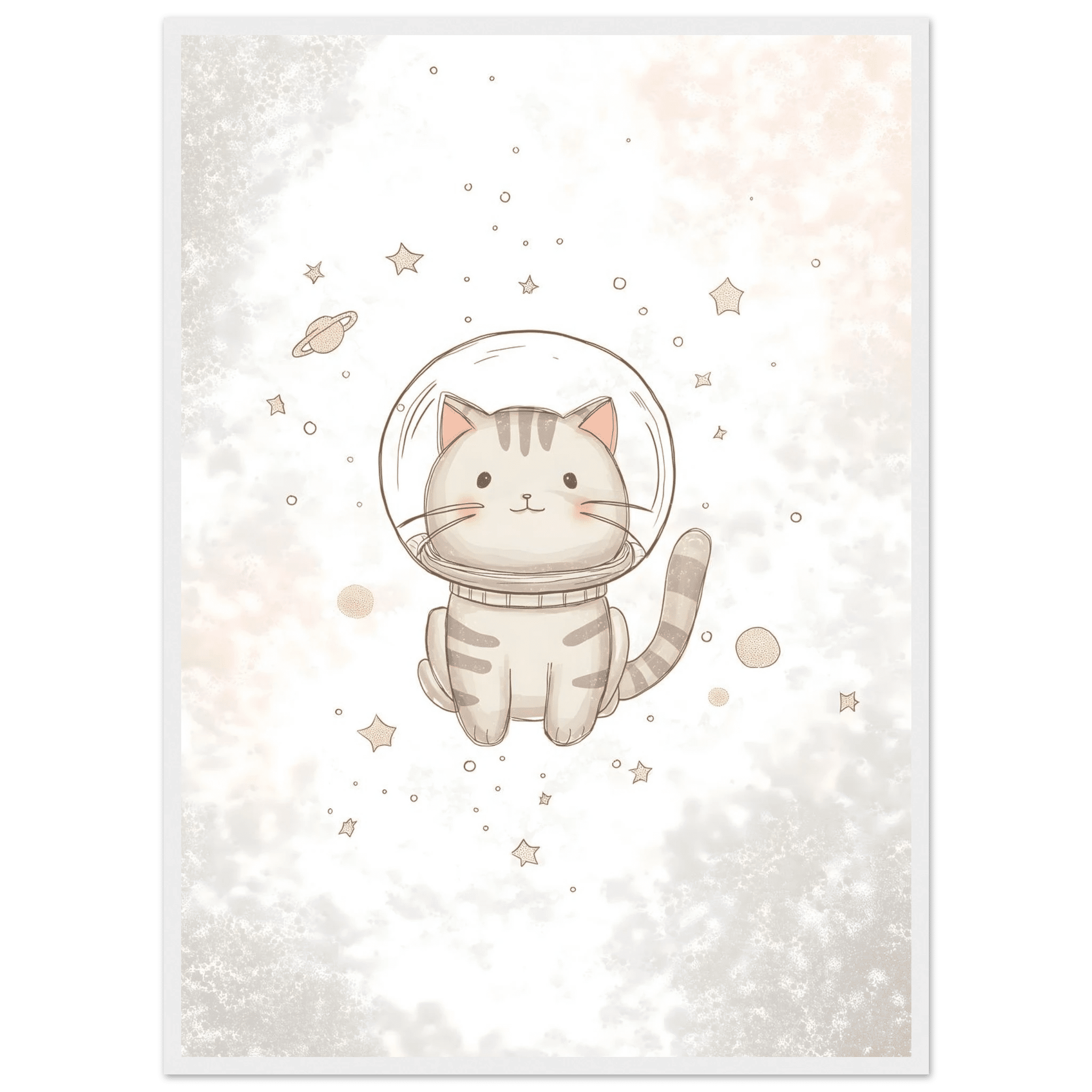 Katt i rymden poster-50x70 cm / 20x28″ / Med ram / Vit
