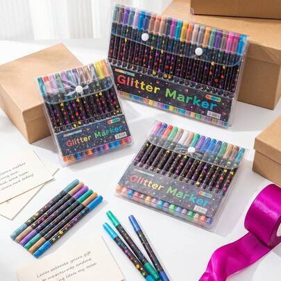 Dubbelspets dubbelfärgade glitterpennor 24/48/72/96 färger valbara, självglittrande målarpennor för barn DIY-teckning, studentkonst och doodle, lång p - Multifärgad (48 färger,24 färger,72 färger,96 färger)