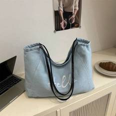 Fashionable Casual Large Capacity Foldable Letter Denim Tote Bag, Hobo Bag, Dual Handle Design, Suitable For Women Shopping, Commuting, Travel, Studen - Baby Blue