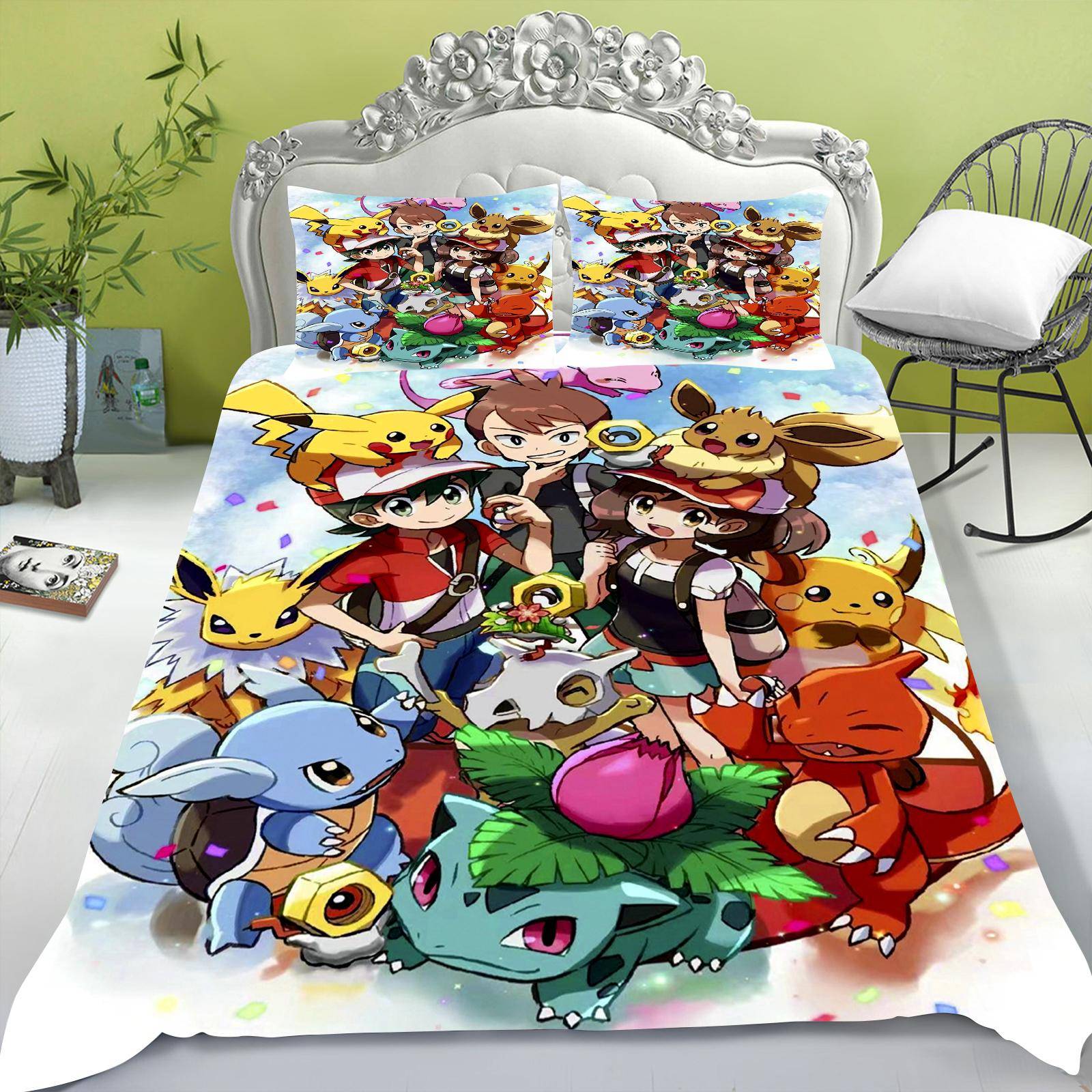 Tecknad påslakan set för barn, Pikachu Anime täcke, King Size täcke, Queen, Grad A, 3D sovrumslakan 155x220cm