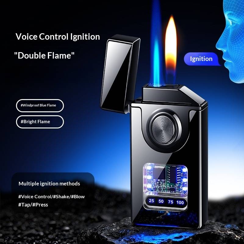 2026 Voice Controlled Ignition 2 Flames Butane Gas Lighter Cool Color Light Chip Visual Gas Window USB Electric Lighters(NO GAS)