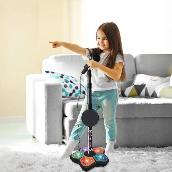 Barnmikrofonleksak med stativ Småbarn Pojkar Flickor Batteridriven Karaokemaskin med LED-ljus Musik Barn Stående Mikrofon Sjungande Musikleksak svart