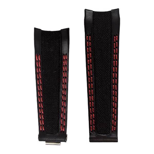 Sort læder urrem i Cordura fiber baseret stof, m. røde syninger, her 20 mm