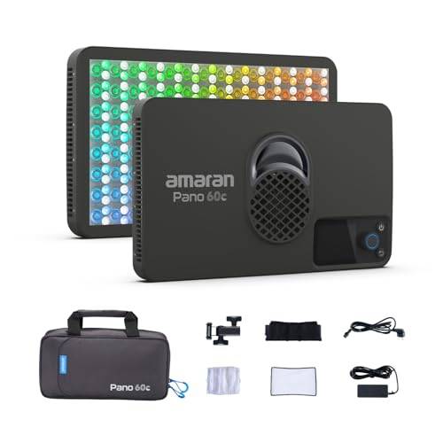 Amaran Pano 60c kit 60 W RGBWW helfärgspanellampa, 22,220 Lux @ 0,5 m, USB-C PD-driven, inklusive softbox, galler, diffusor, bärväska för fotografering och video – antracit