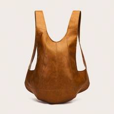 Retro-Style Faux Leather Daypack Backpack - Water-Resistant, Soft Shell, Zipper Closure, Utility Pocket, Solid Color, Punk Motorcycle-Inspired Design - Brown