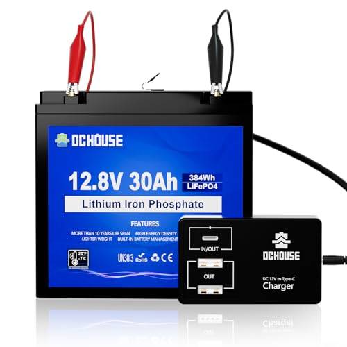 DCHOUSE 12V 30Ah LiFePO4 litiumbatteri med DC 12V till Type-C & USB-batteri adapter omvandlare, djupcykelbatteri för husbil, golfbil, gräsklippare, solpanel, barnbil, camping