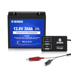 DCHOUSE 12V 30Ah LiFePO4 litiumbatteri med DC 12V till Type-C & USB-batteri adapter omvandlare, djupcykelbatteri för husbil, golfbil, gräsklippare, solpanel, barnbil, camping