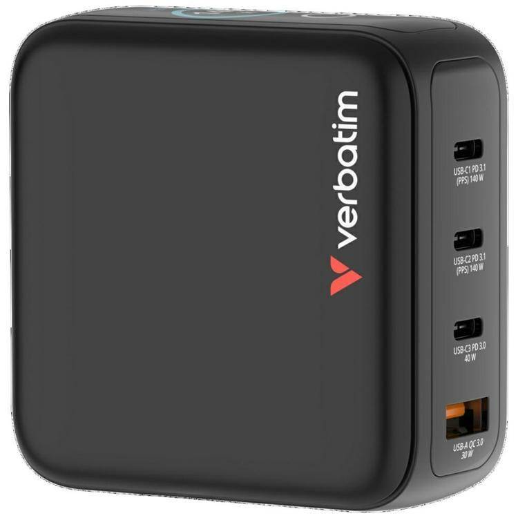 Verbatim Snabbladdare 140W 3xUSB-C 1xUSB-A GaN Mini EU/UK/USA - Svart
