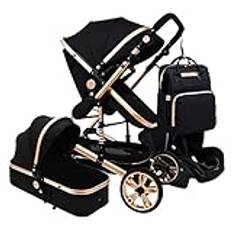 Baby Barnvagn, 3 I 1 Justerbar Högvy Baby Barnvagn Prem Travel System, Nyfödd Pram Buggy Baby Barnvagn Och Bilstol Combo Med Barnvagn Fläkt Klipp På Baby, Väska (svart)