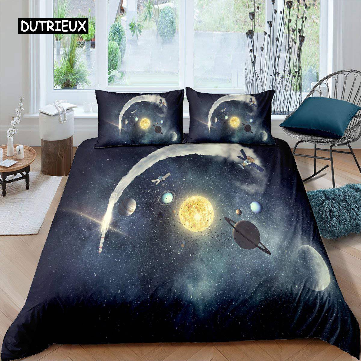 Sol System Täcke Set Twin King Mikrofiber Yttre Rymden Galax Sängkläder Set Universum Planet Astronomi King Size Täcke AU King(245x210cm)