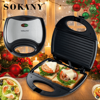 1 st dubbelsidig 3-i-1 sandwichmaker i rostfritt stål, multifunktionell frukostmaskin, lämplig för hem- och utomhusbruk, lätt att rengöra, 750 W effek - Svart