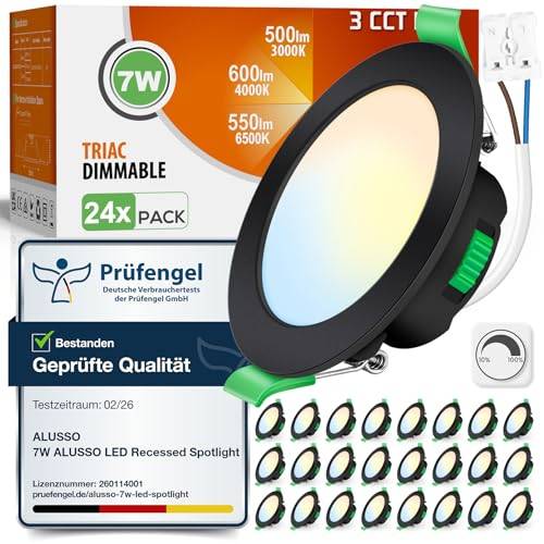 ALUSSO LED Einbaustrahler 230V Schwarz Dimmbar Flach 68mm 7W IP44 LED Spots Warmweiß Neutralweiß Kaltweiß Einbauspots für Badezimmer Küche Wohnzimmer, 24er Set